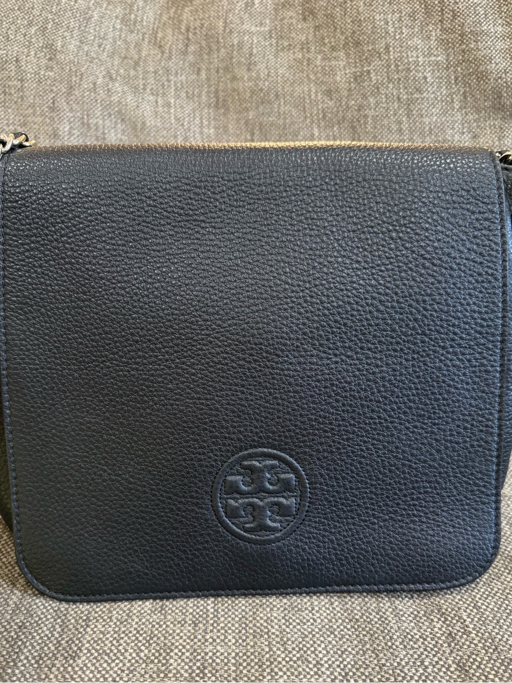Tory Burch Black Pebbled Leather Flap Crossbody with Chain Strap